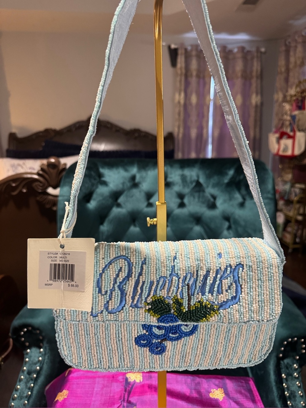 NWT Sol & Mer Beaded Blueberries Flap Shoulder Bag Striped